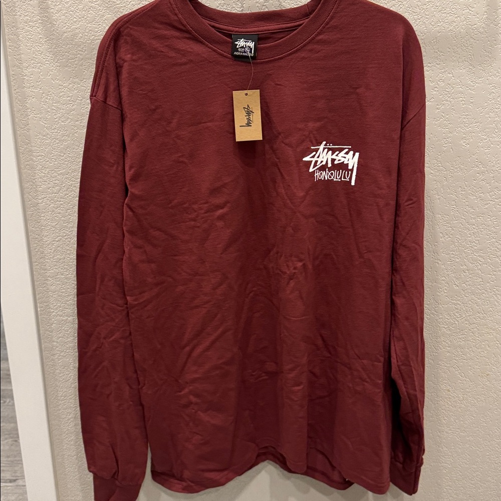 Stussy Honolulu Unisex Burgundy Long Sleeve with White Logo Shirt